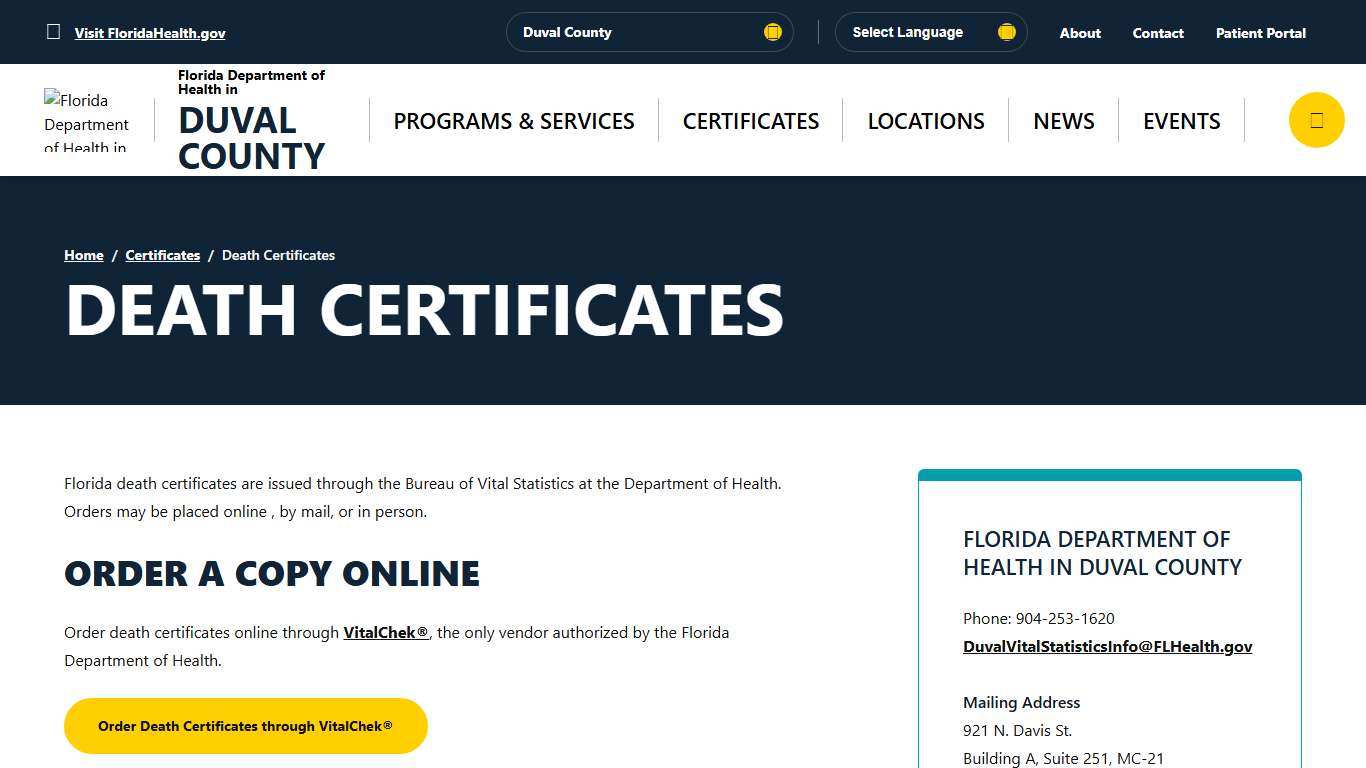 Death Certificates - Florida Department of Health in Duval County